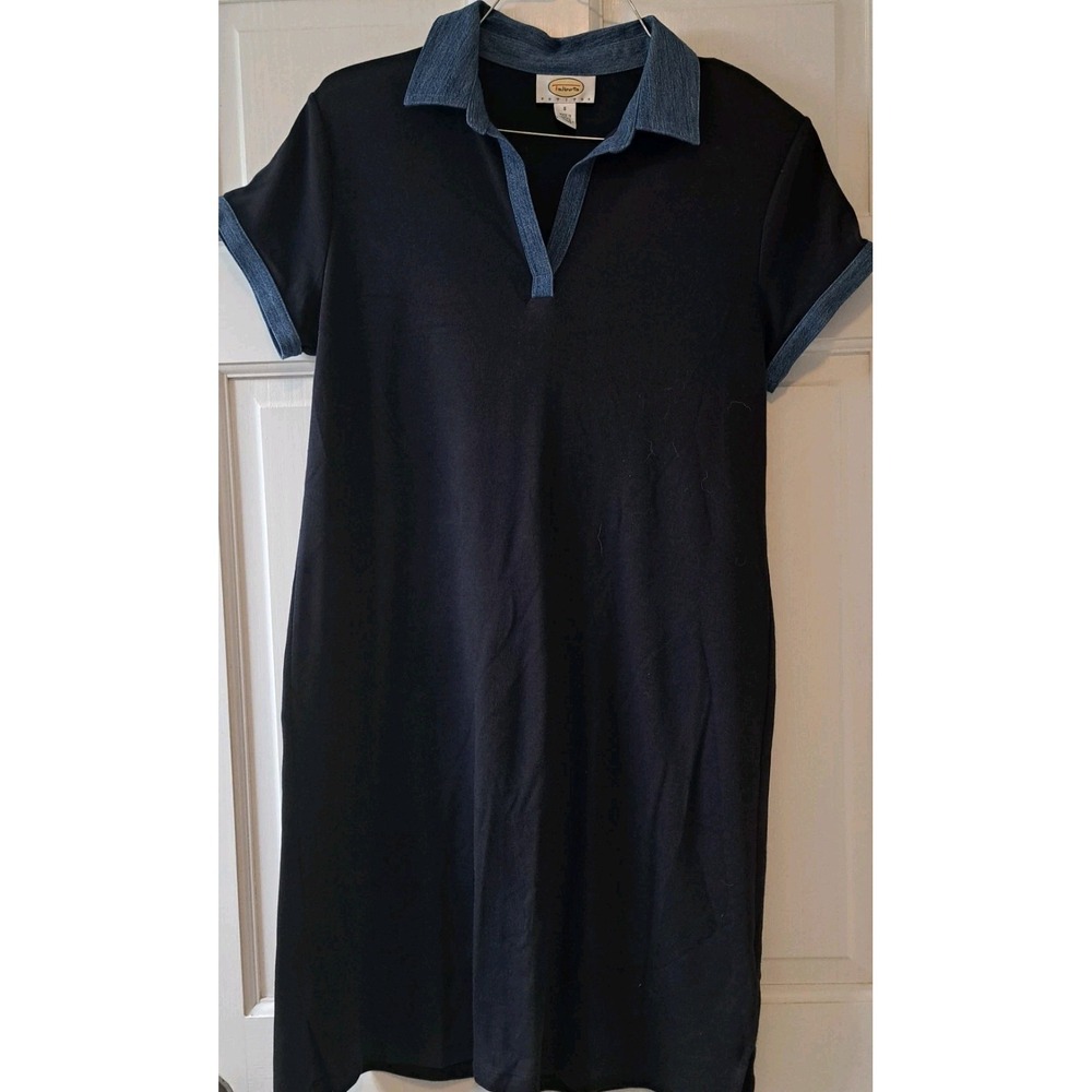 Talbots Petite Small Short Sleeve Navy Cotton Dress With V Neck And Denim Trim
